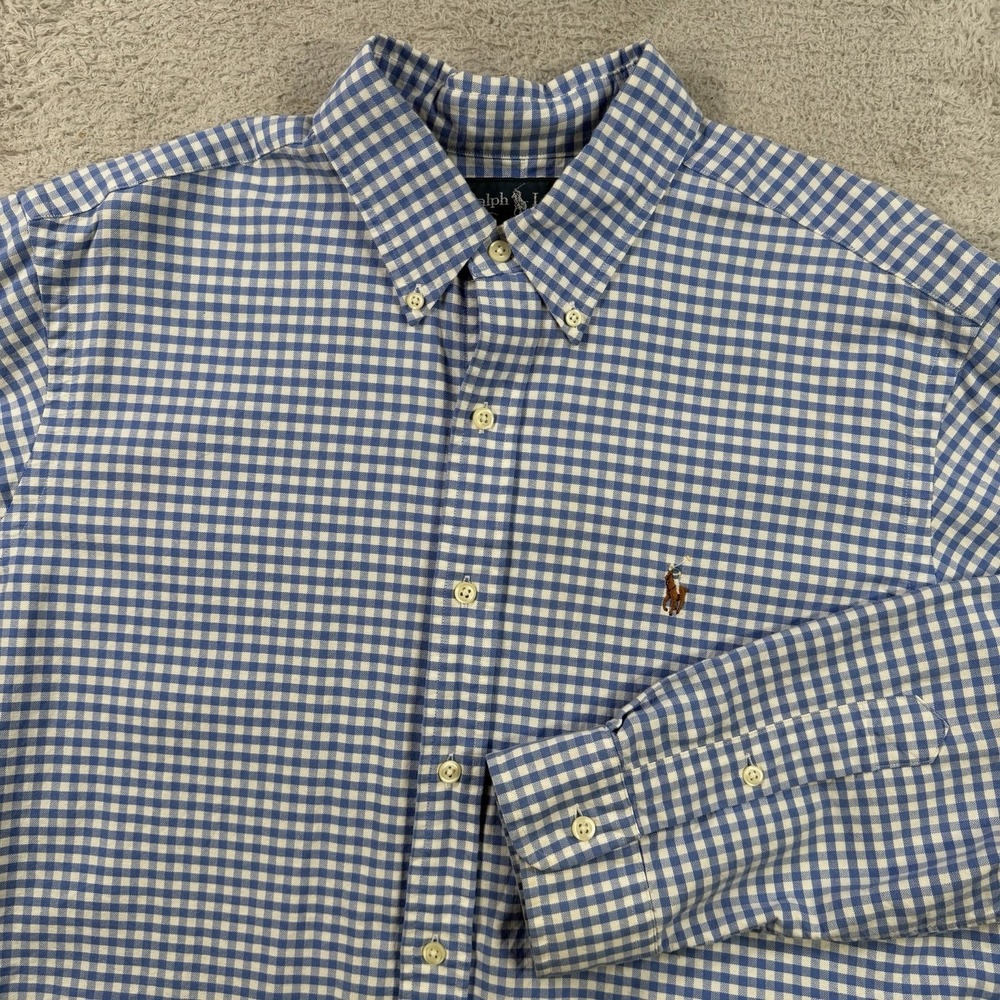 Polo Ralph Lauren Shirt Mens Large Blue Gingham Long Sleeve Button Flesh Pony